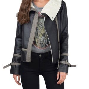 Tobi - The Lucky One Aviator Moto Bomber Jacket in Black/Grey - Size Small